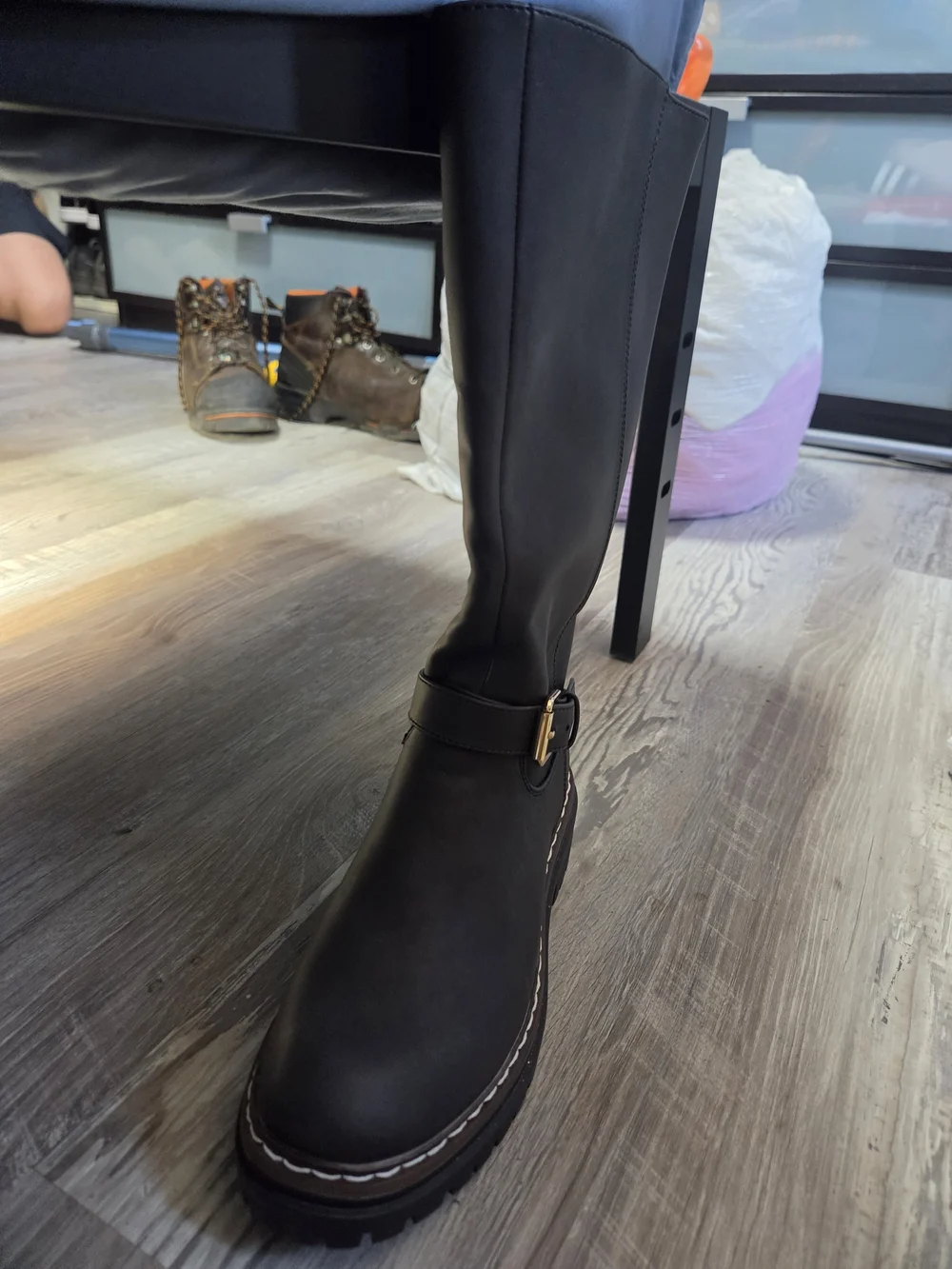 Black Faux-Shearling Tall Winter Boots with Buckle Detail